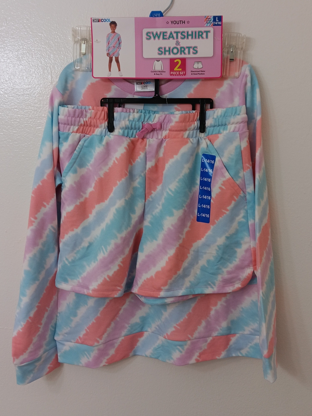 32 Degrees Kids Tie-Dye Sweatshirt & Shorts Set - Pink Blue Purple, Youth 14/16